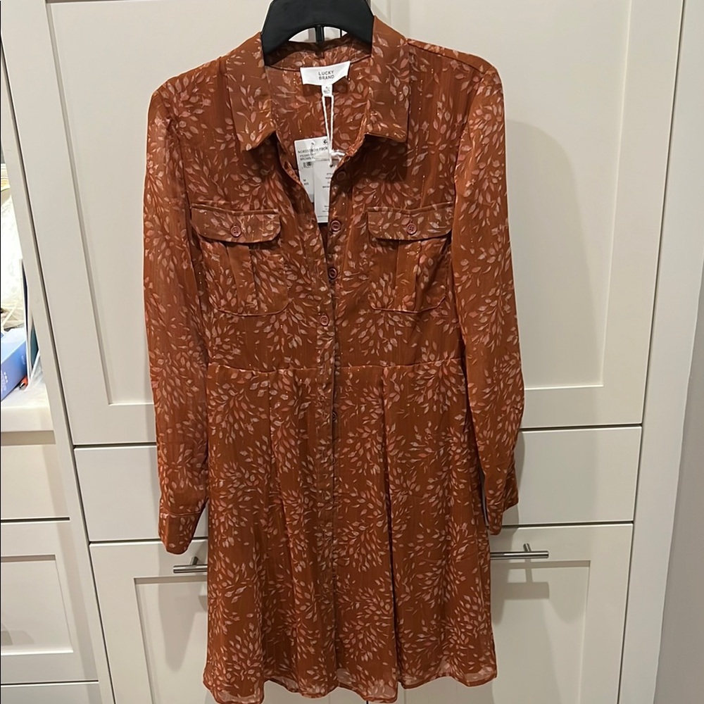 Lucky Brand Orange Long Sleeve Sundress Notched Collar